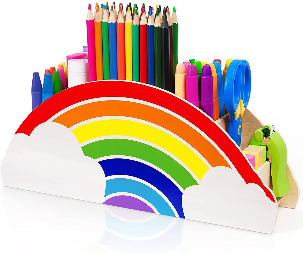 Wooden Pen Holder & Pencil Holders - Rainbow Supply Caddy Phone Holder Desk Organizer for Office Supplies Makeup Brush Classroom Organization for Women & Kids